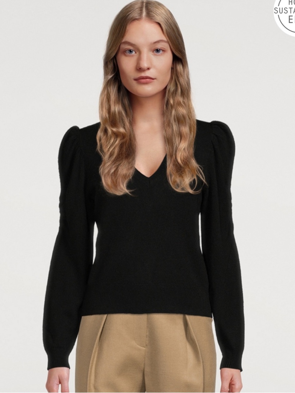 FRAME Frankie Puff Ruched Long Sleeve Cashmere V-Neck Sweater